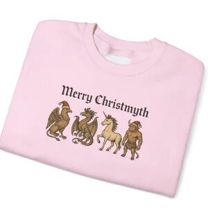 Pink Merry Christmyth Medieval Monsters Cryptid Holiday Crewneck Sweater Sz S